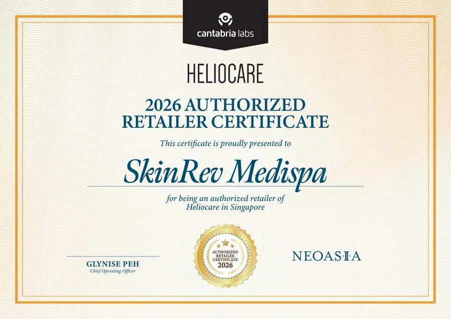 Heliocare 2026 Authorized Retailer Certificate — SkinRev Medispa, issued by Cantabria Labs