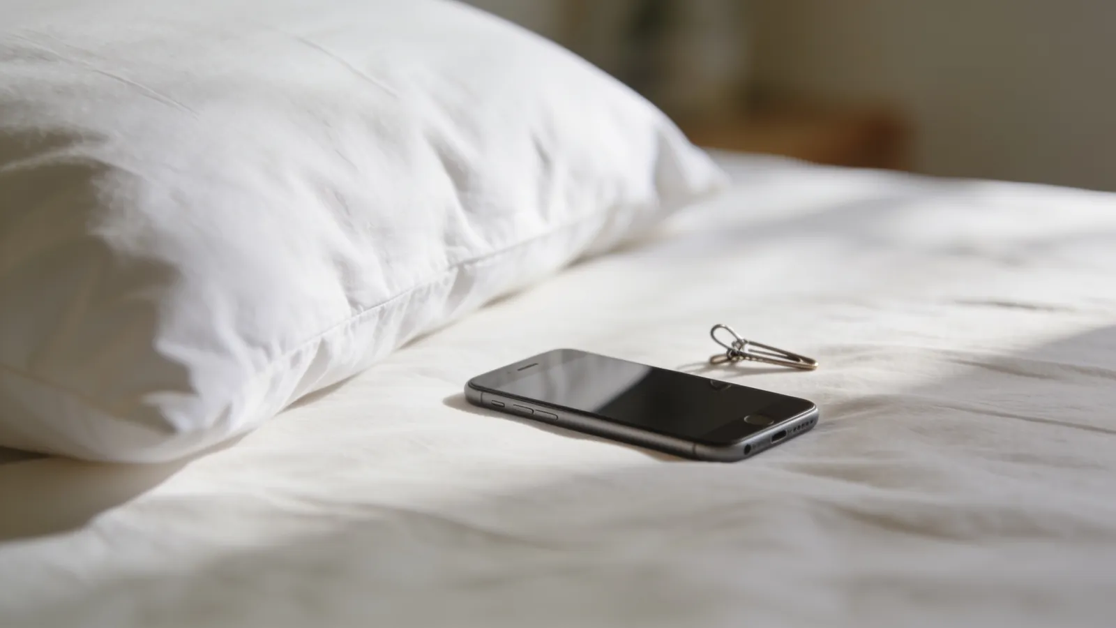 Pillowcase, face-down phone and hair clip