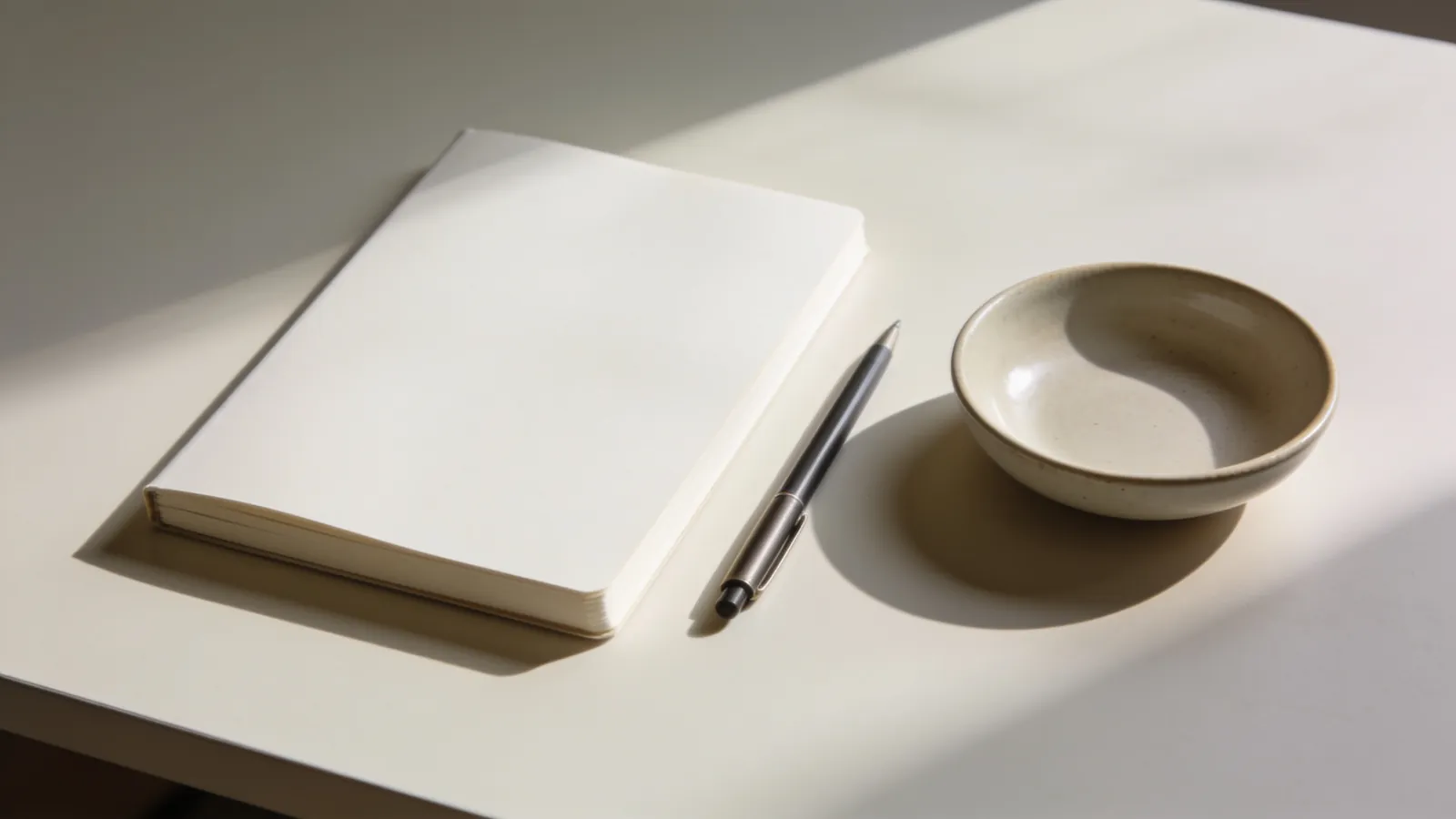 Blank notebook, pen and ceramic dish