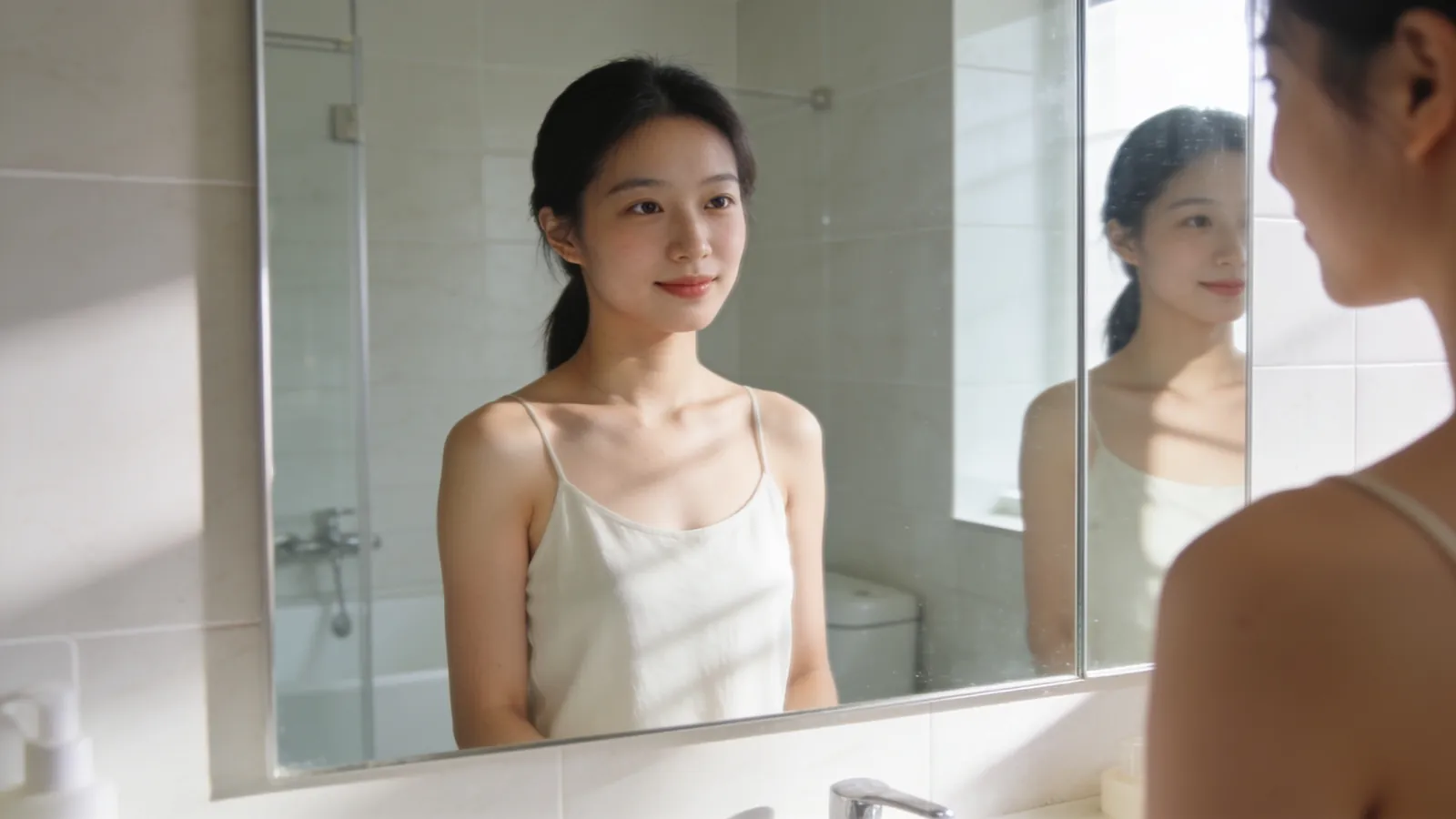 Young woman looking into a bathroom mirror in soft morning light