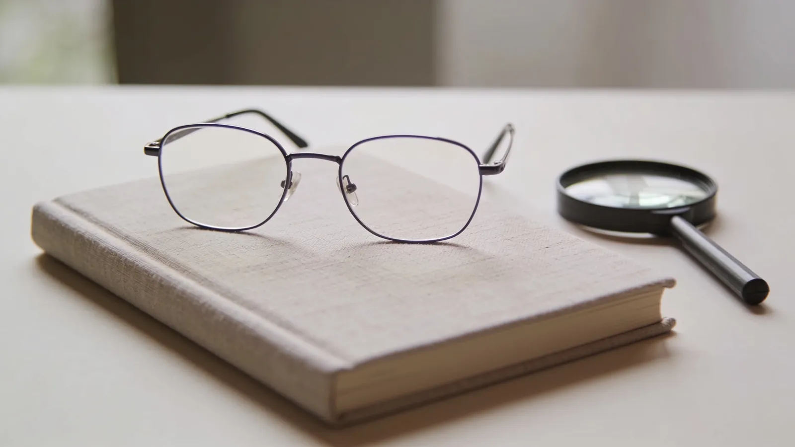Reading glasses resting on a closed linen notebook beside a small magnifying glass