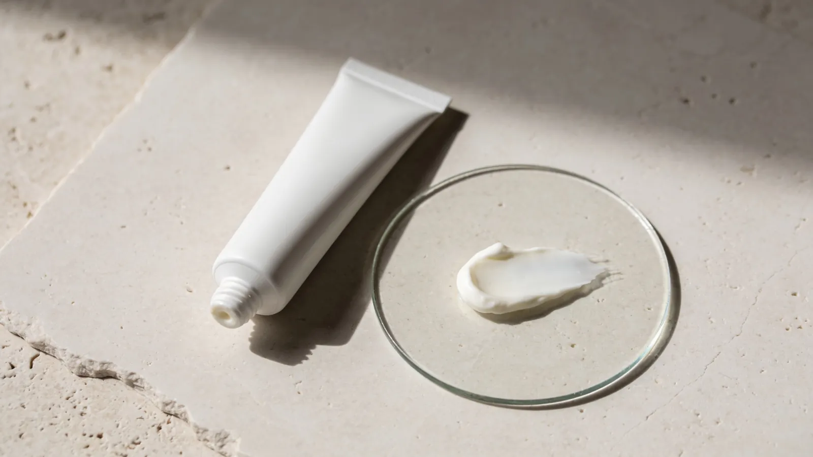 Unlabelled cream tube and a glass dish on pale stone