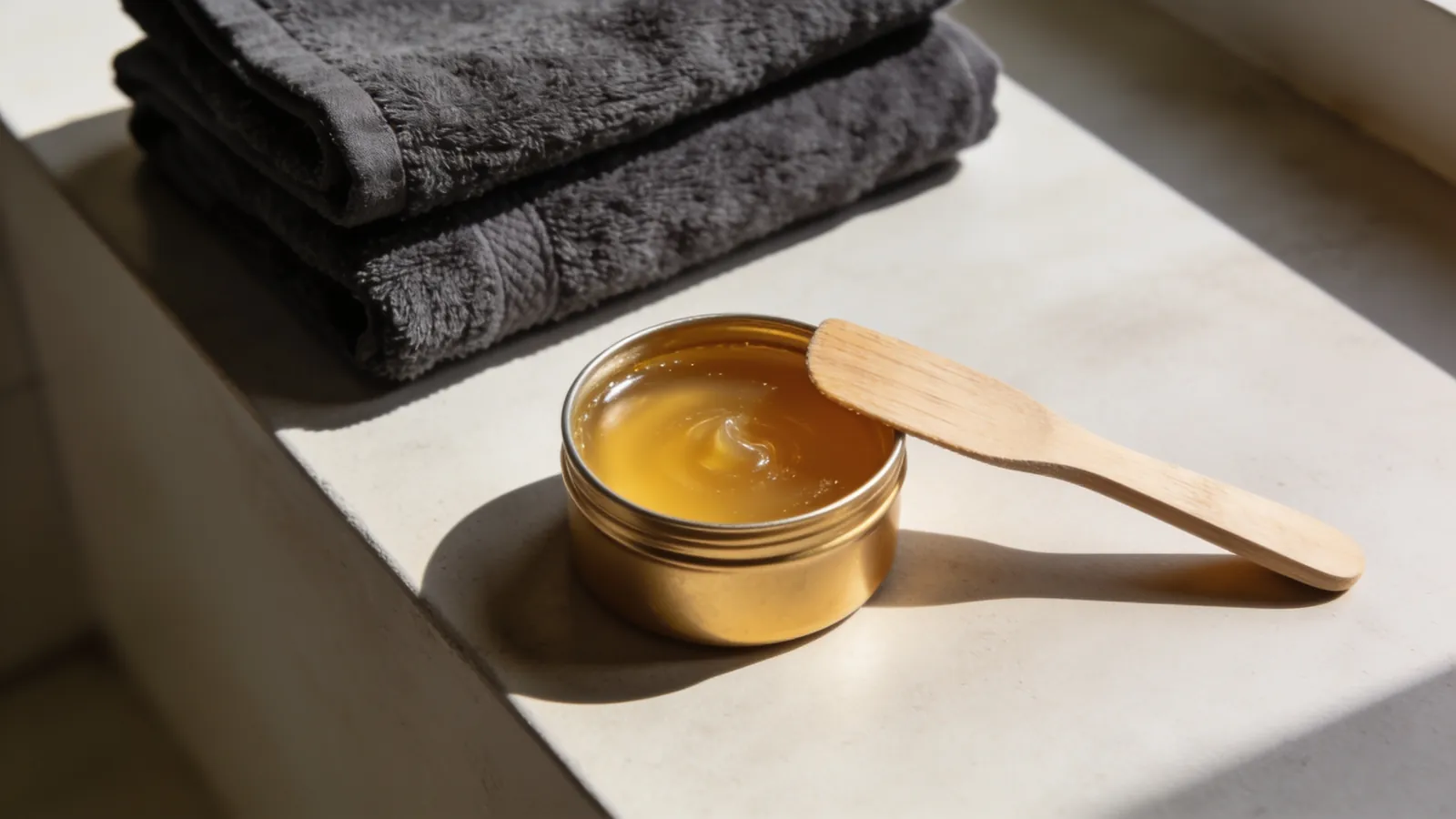 Pot of warm wax, spatula and grey towels