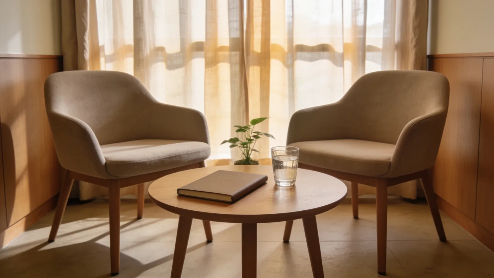 Calm, empty consultation room with two chairs and a small table