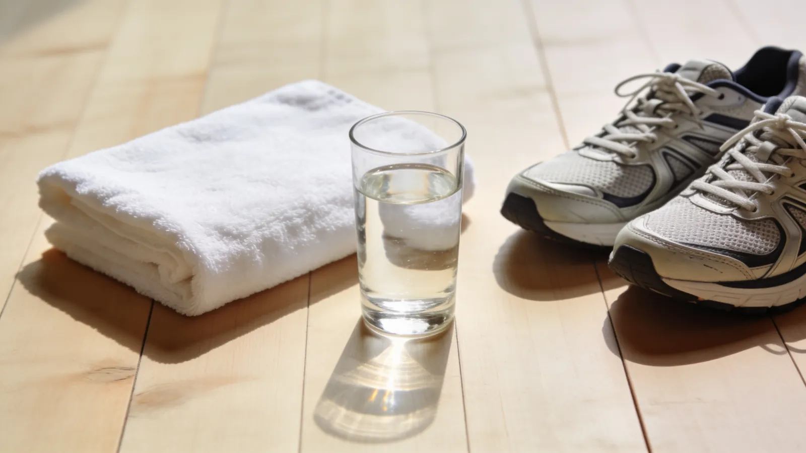 Towel, glass of water and running shoes