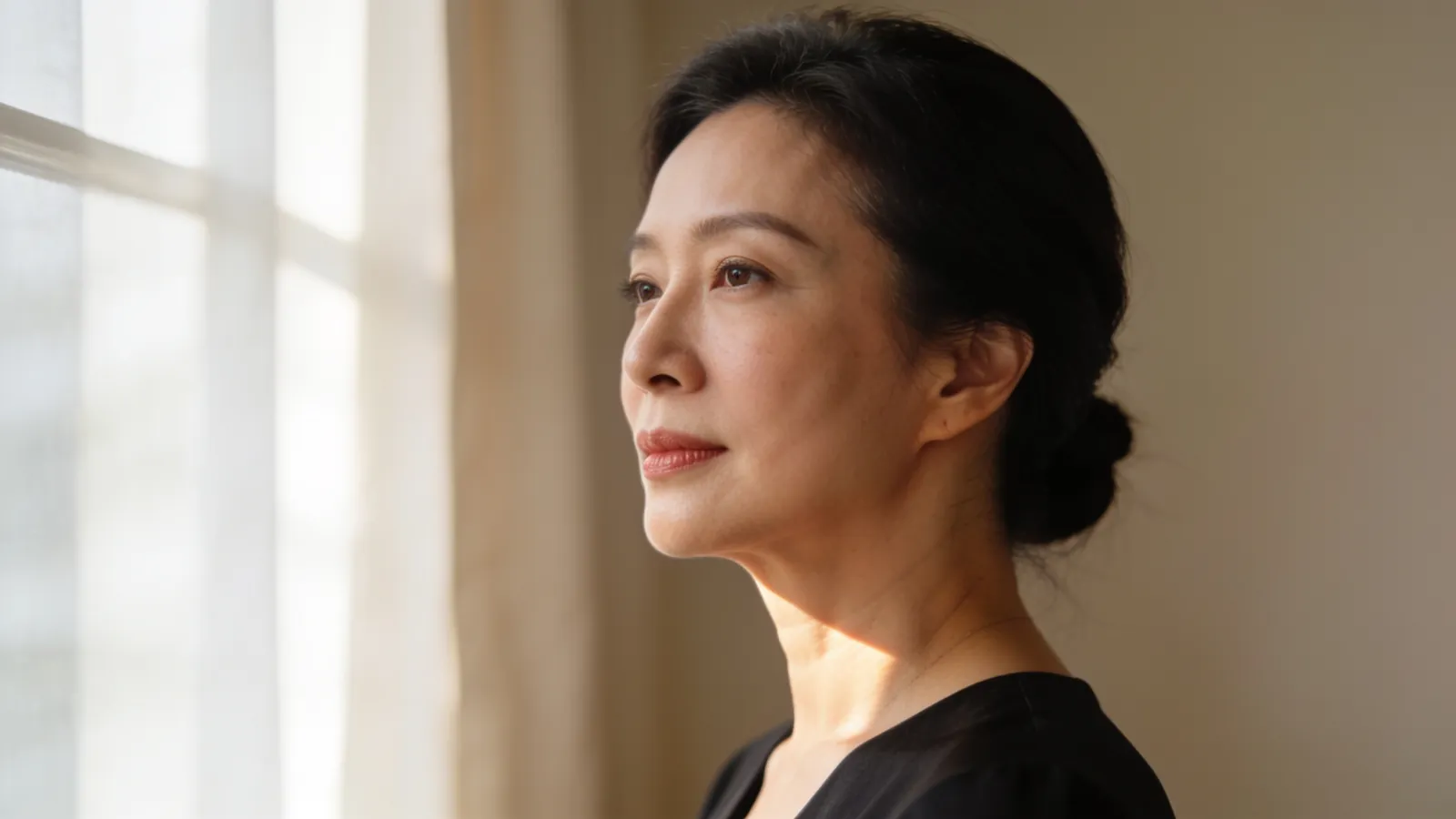 柔和窗光下四十多岁的女性