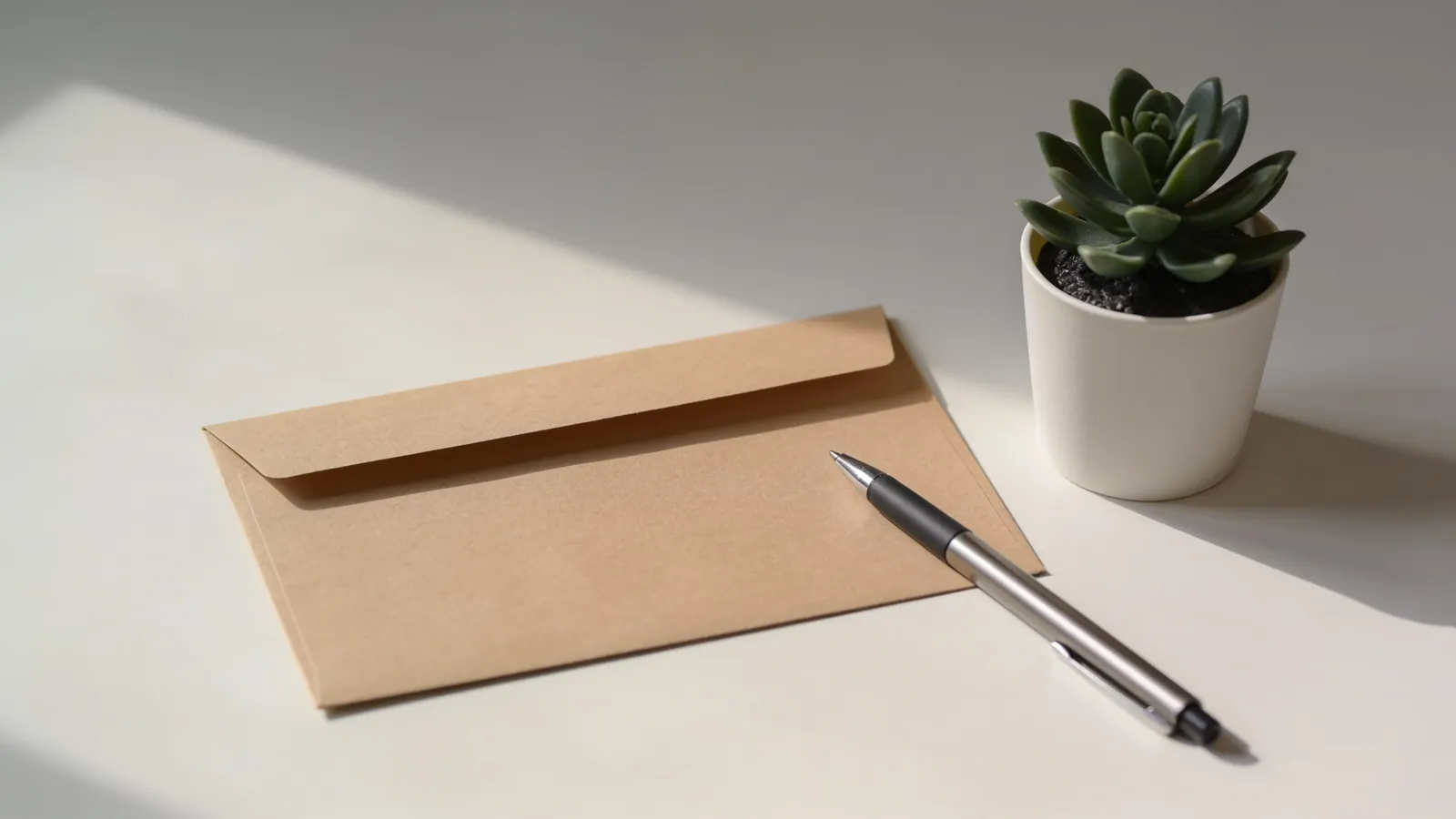 Plain kraft envelope, a pen and a small potted plant on a pale desk