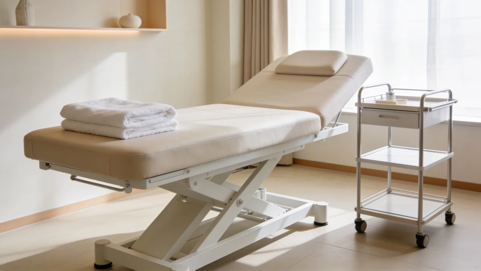 Bright treatment room with a padded bed and folded towels