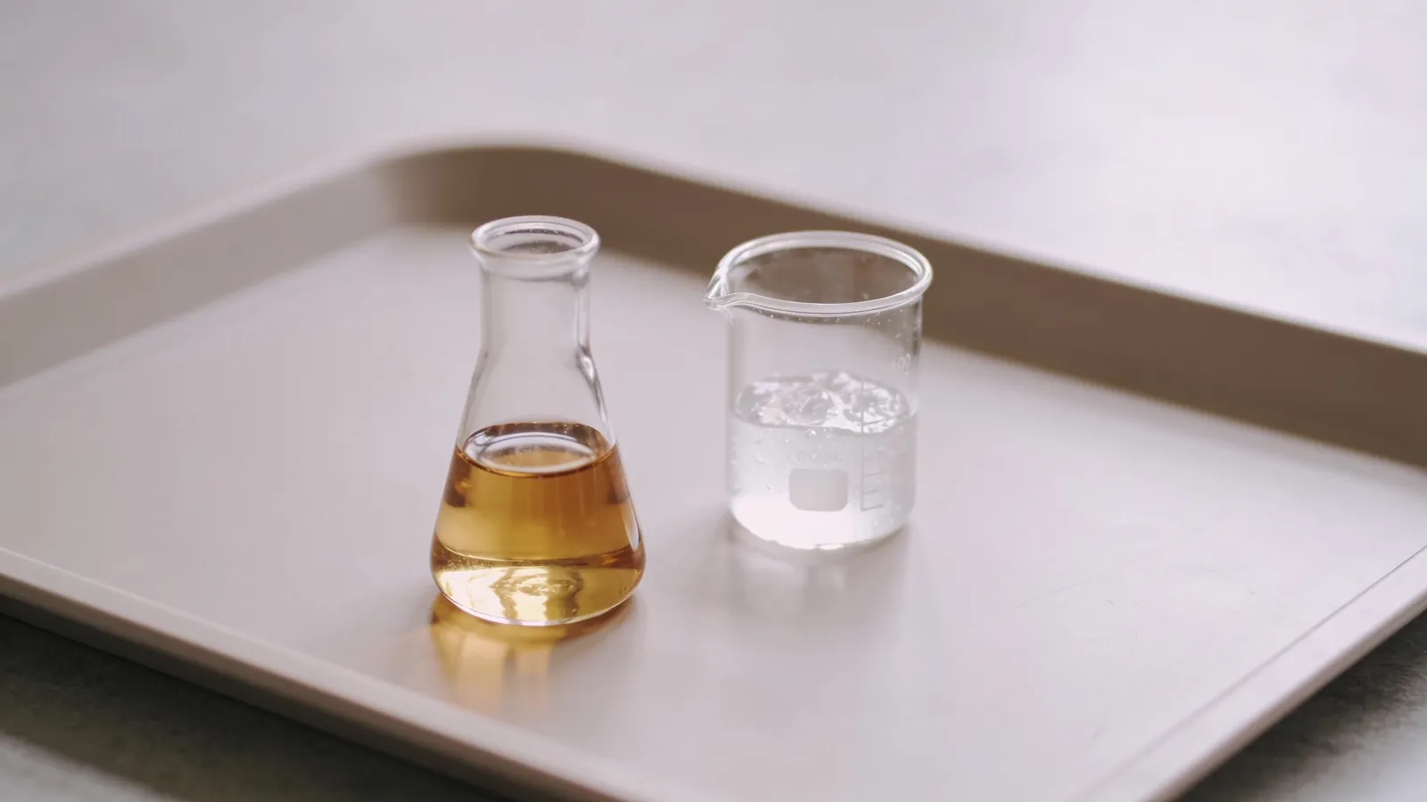 Two glass vessels with golden liquid and clear gel