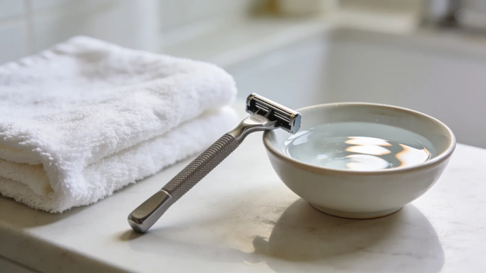 Razor, towel and water bowl on a bathroom counter