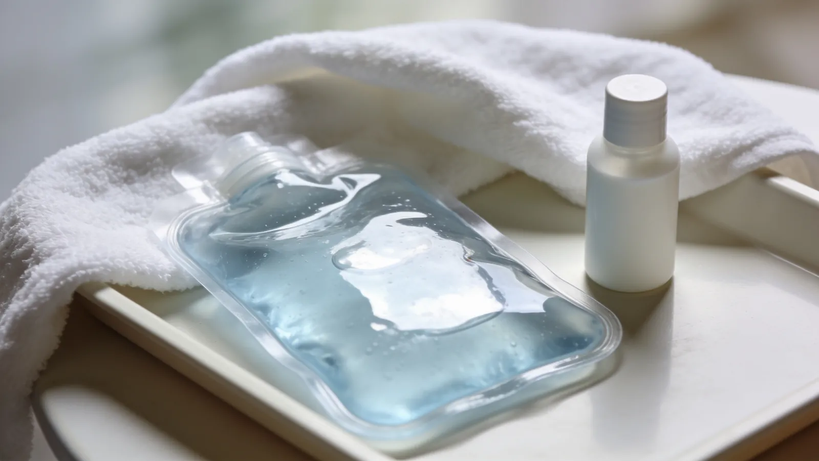 Cool gel pack, soft white towel and a plain moisturiser on a pale tray