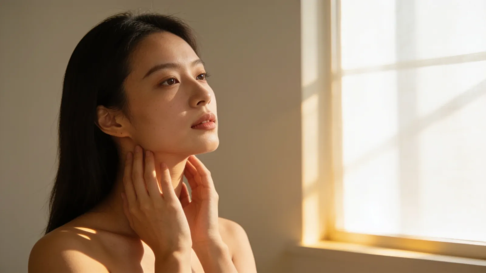 Young woman gently touching her jawline
