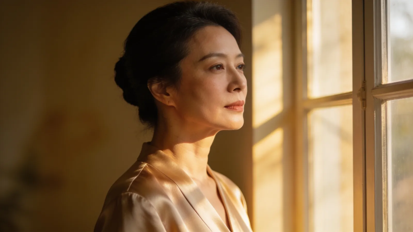 窗边侧脸的四十多岁女士，柔光勾勒下颌线