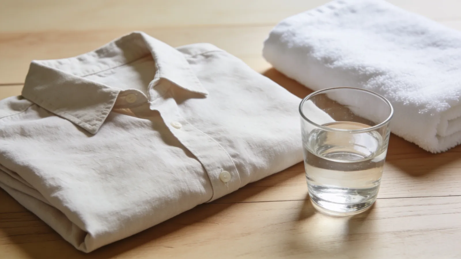 Folded cotton shirt, glass of water and towel