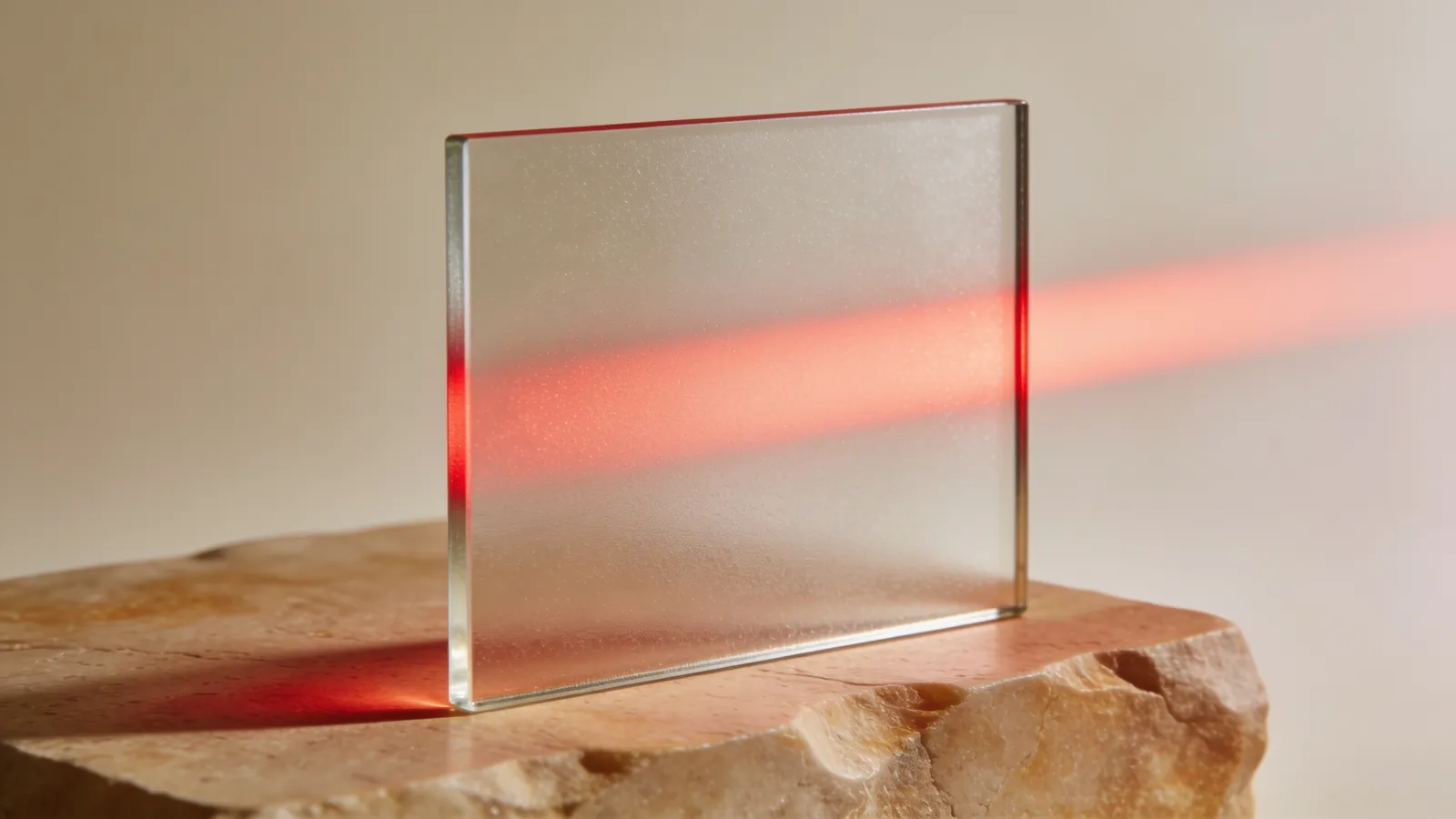 A thin beam of red light crossing frosted glass, an abstract picture of laser treatment