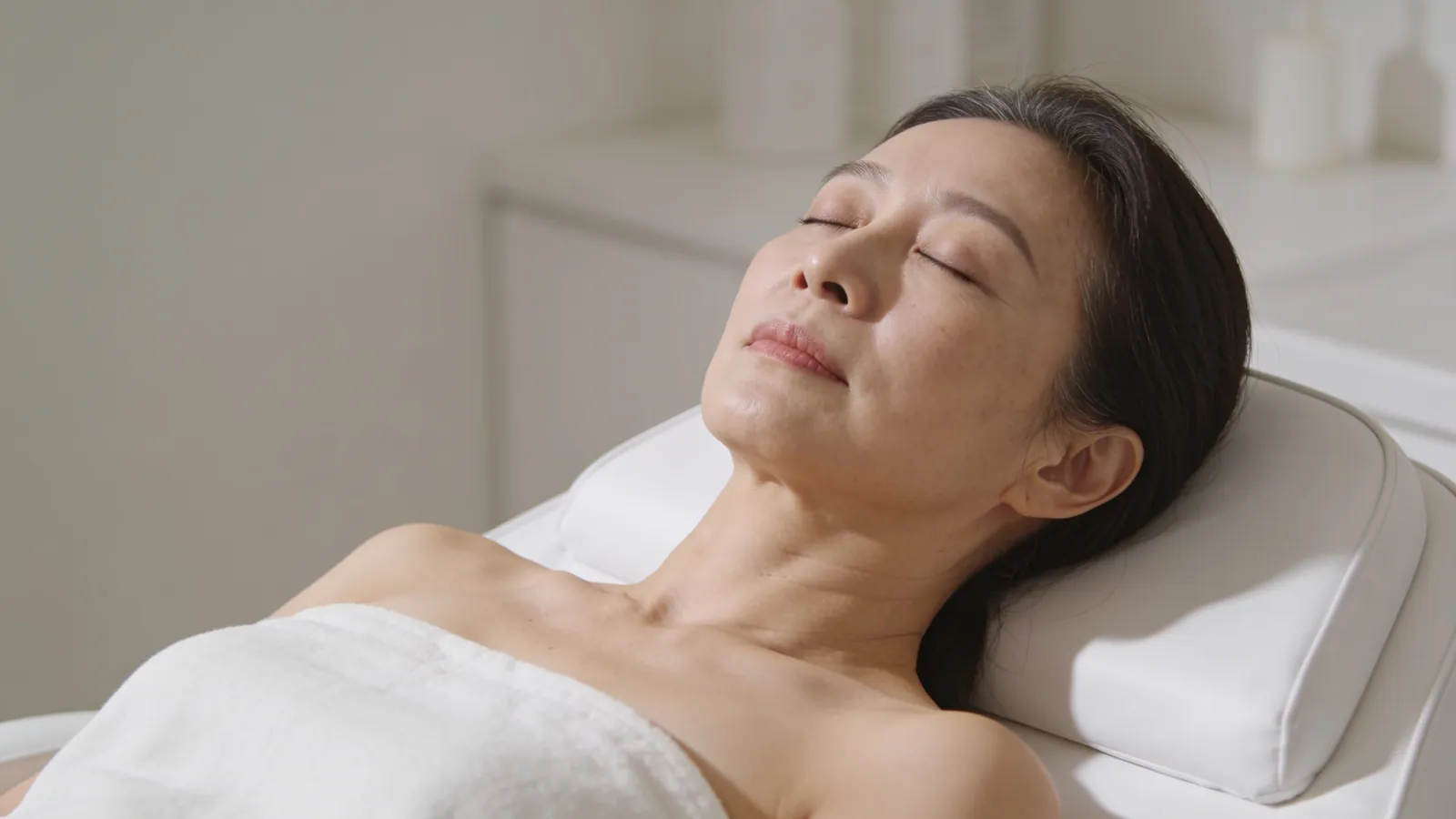 Woman relaxing on a white treatment bed