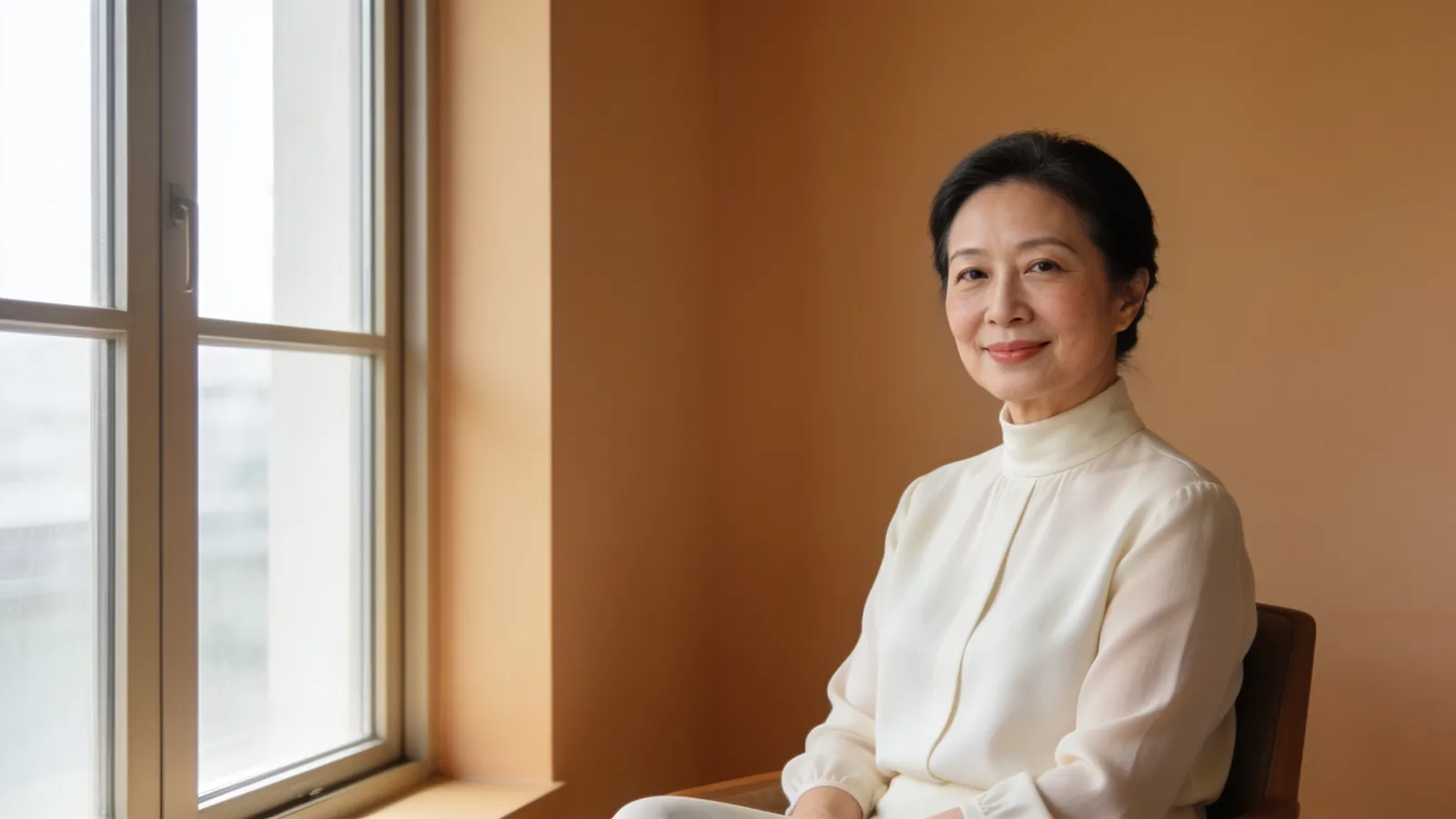 窗边自然肌肤的五十多岁女性
