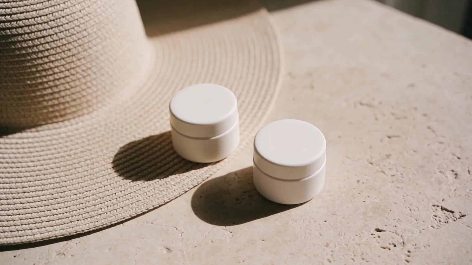 Plain cream jars beside a sun hat