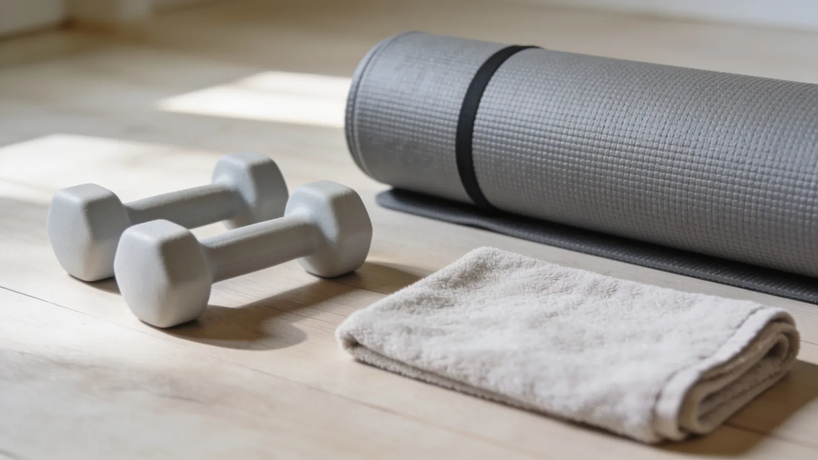 Light dumbbells, yoga mat and towel