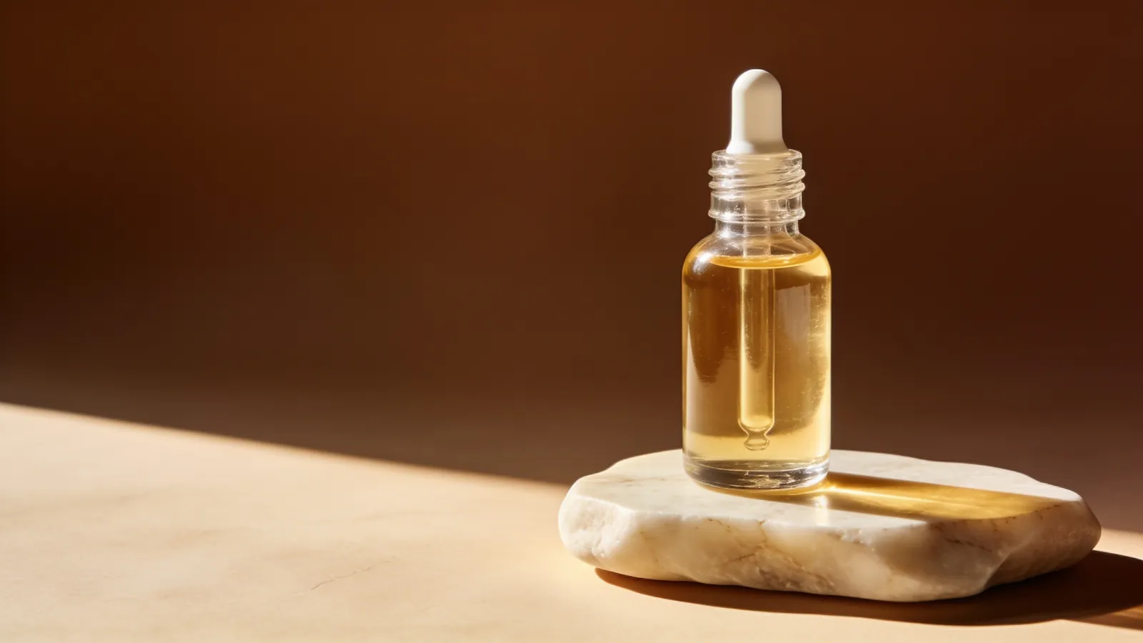 Unlabelled glass dropper bottle of pale serum on stone