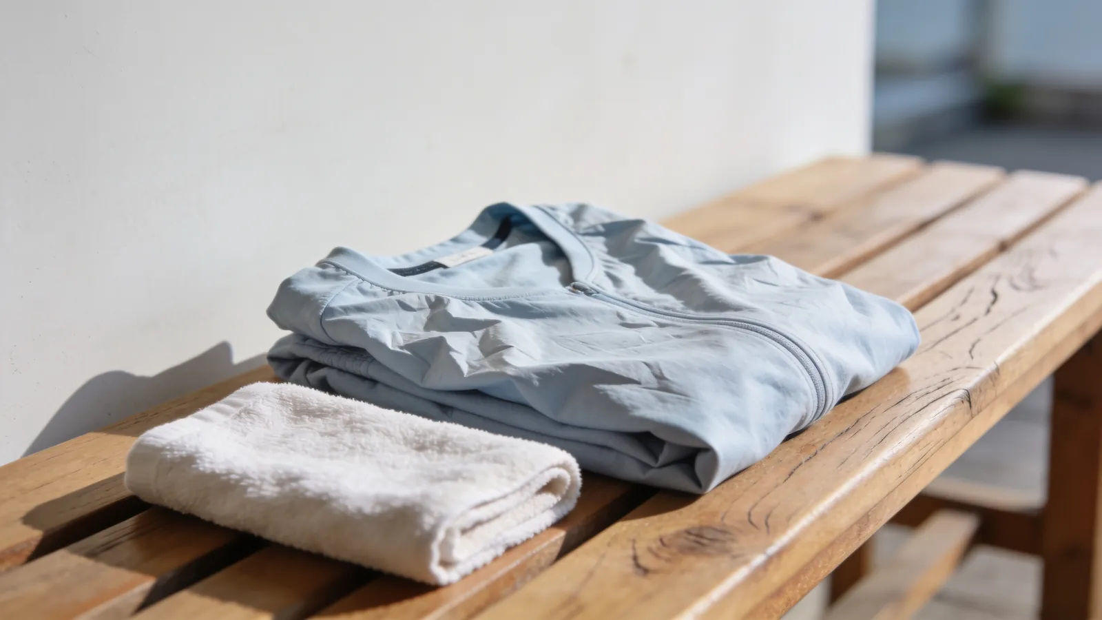 Folded cotton activewear and towel on a bench