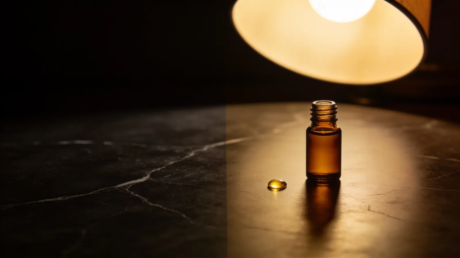 Amber serum bottle and a single drop on dark marble under a lamp, illustrating a night retinol routine