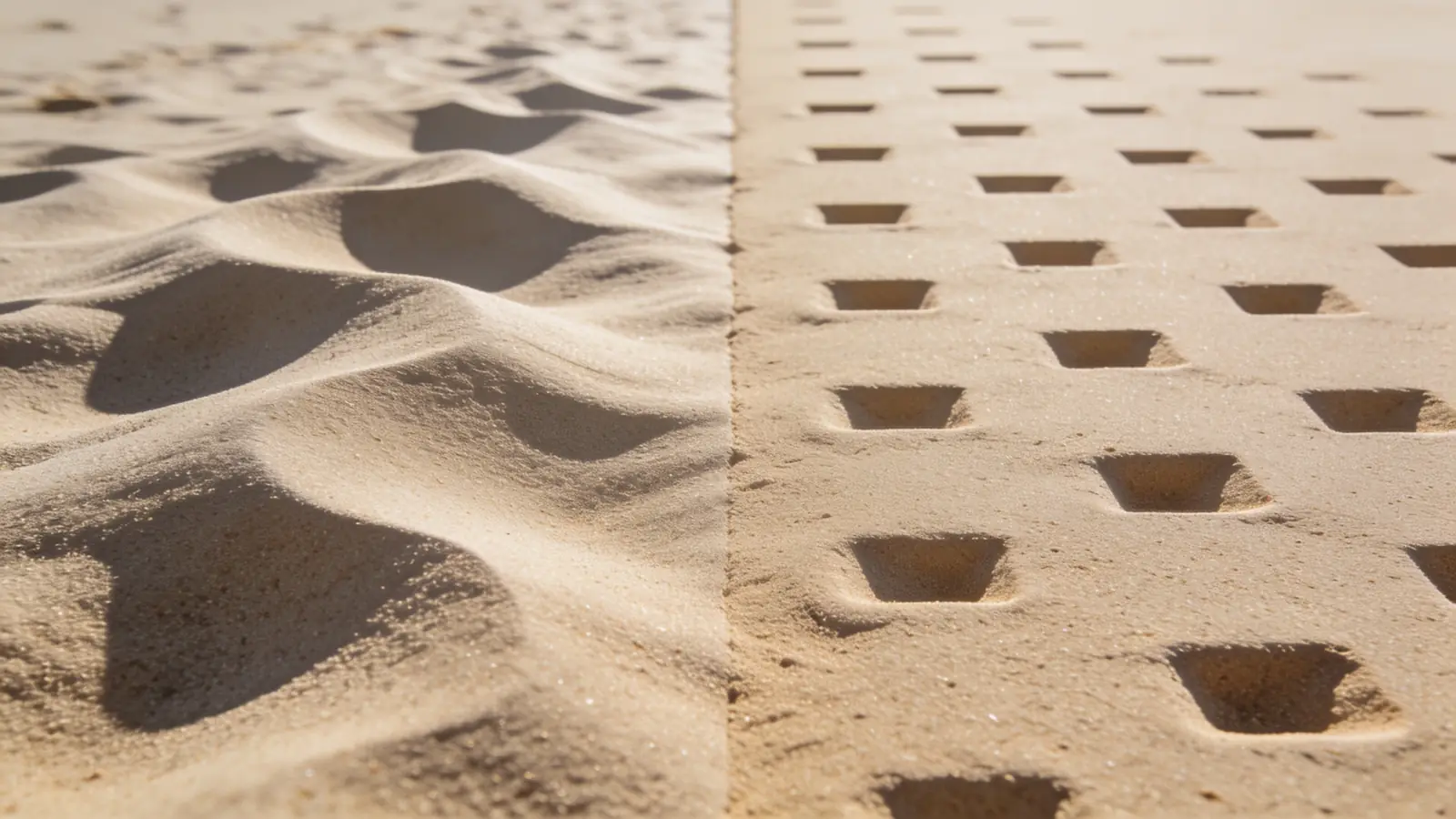 Two sand surfaces: soft rolling waves and small square dents