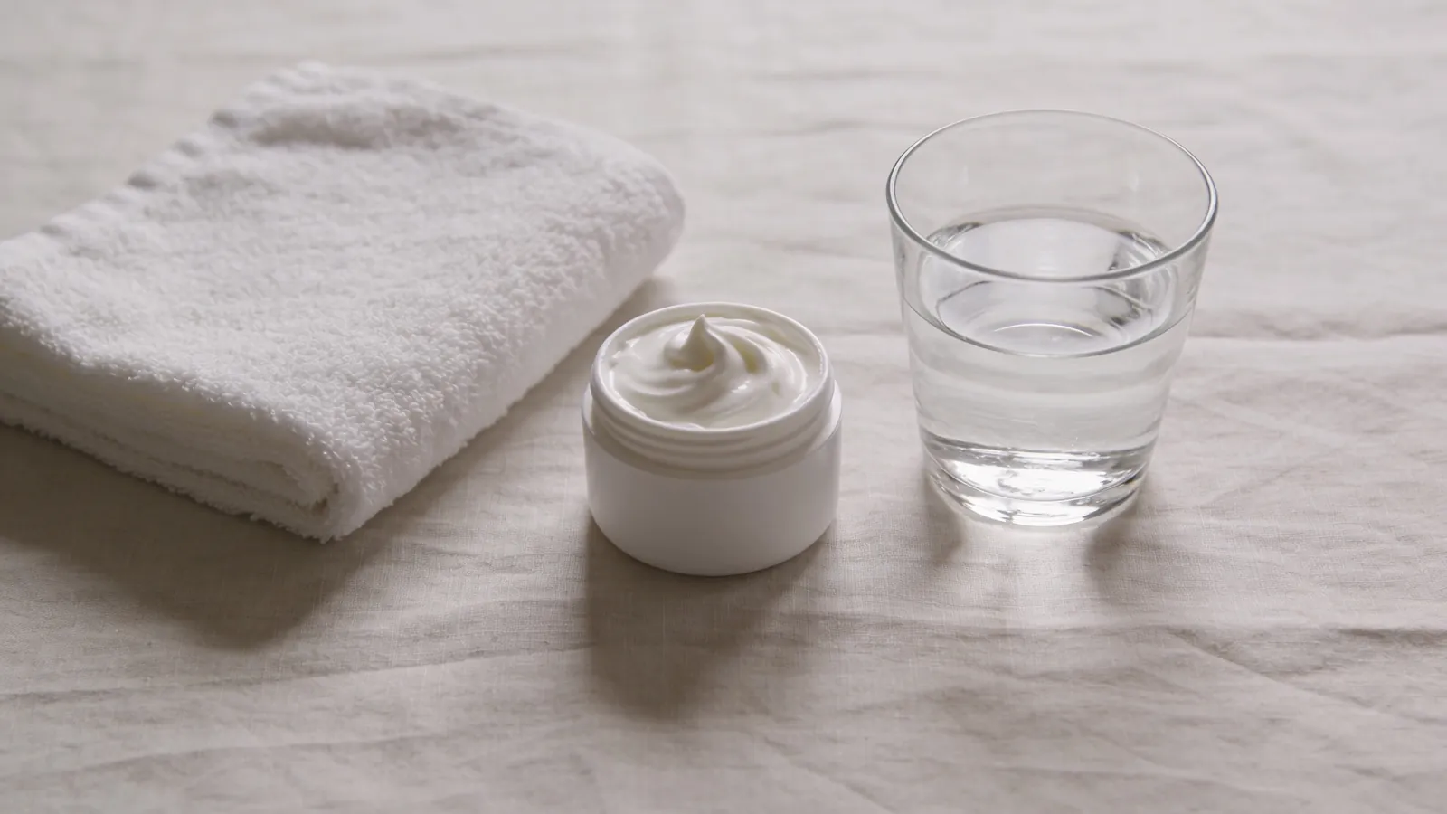 Jar of plain cream, glass of water and towel