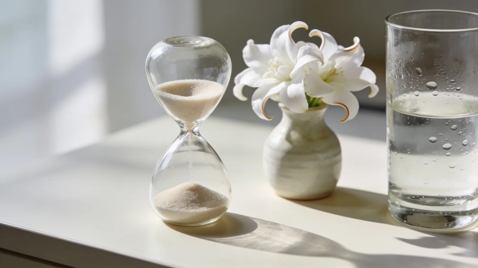 Small glass hourglass, a little vase of white flowers and a glass of water on a pale desk