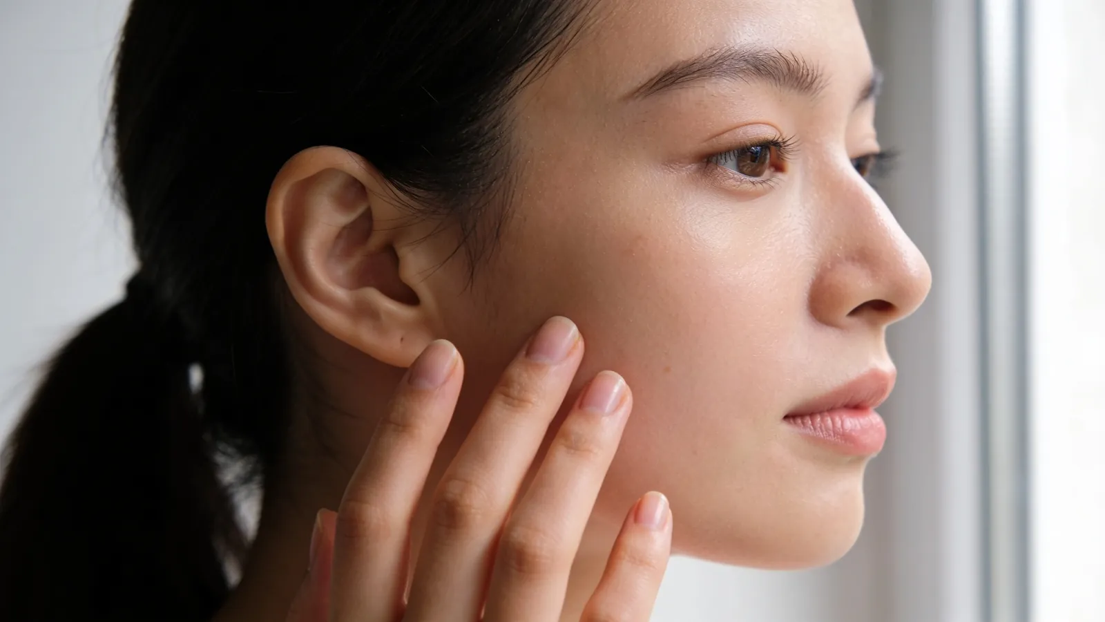 Woman gently touching her cheek in soft daylight