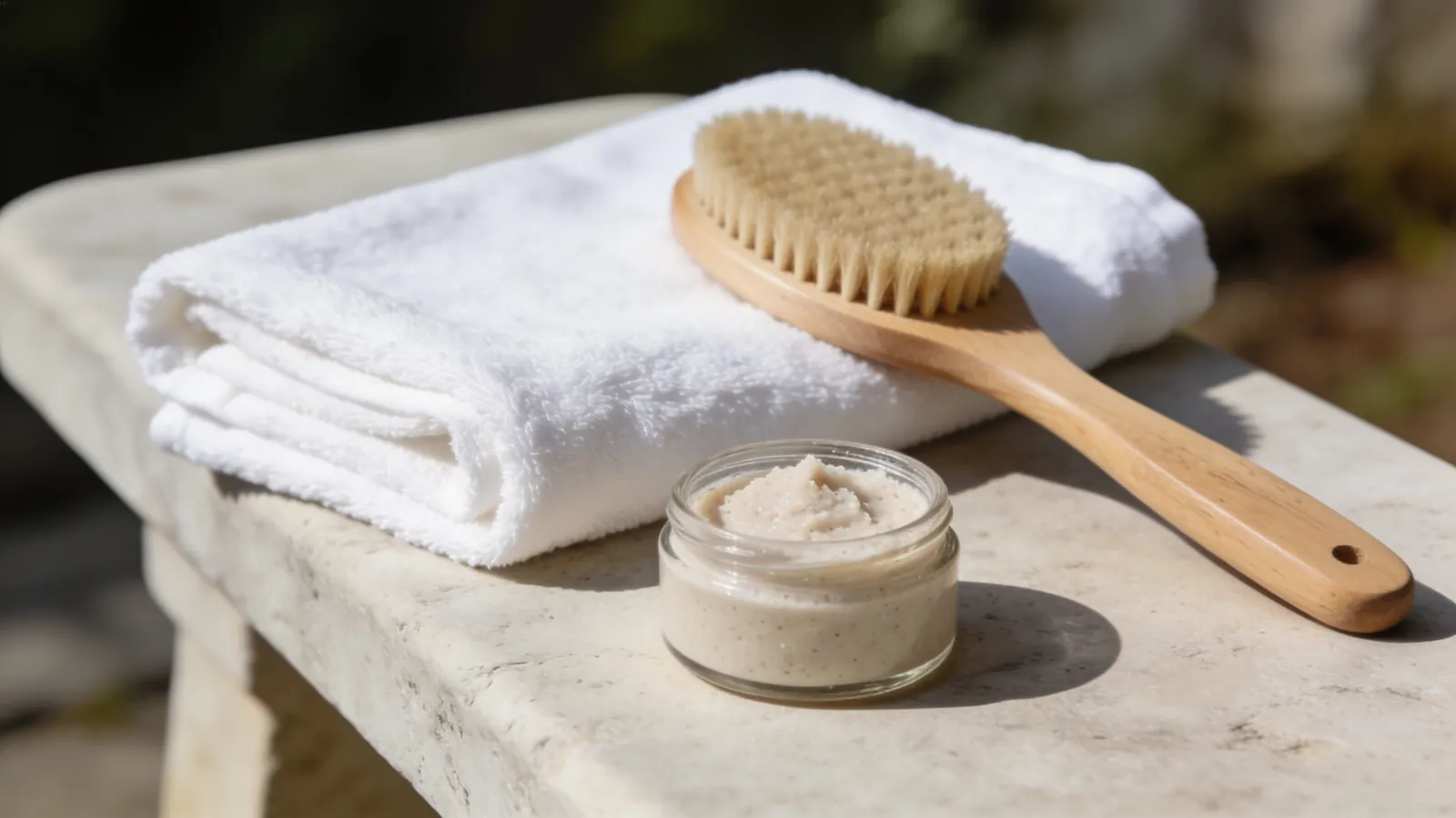 Towel, body brush and scrub jar on a stone bench