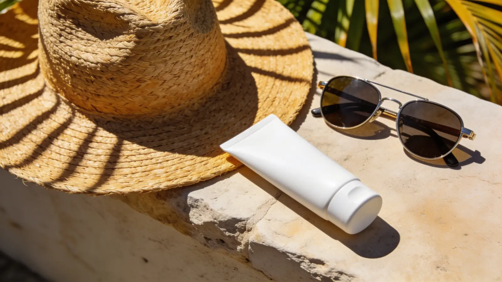 Sun hat, sunglasses and sunscreen in strong sun