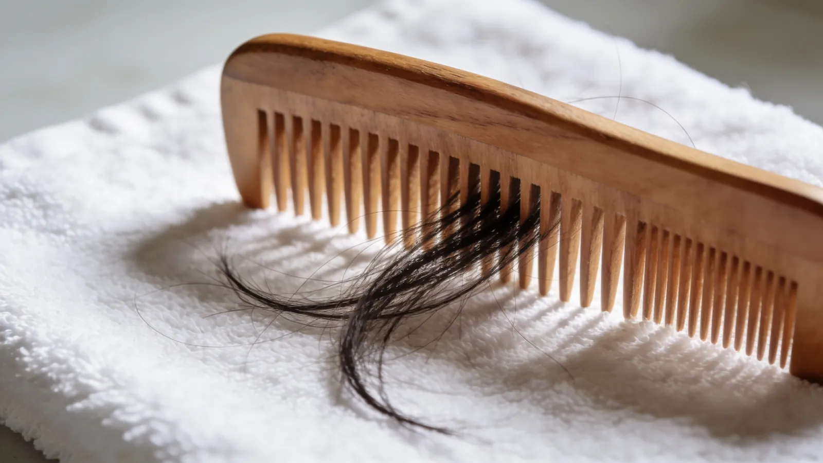 Wooden comb with a few dark hair strands on a white towel