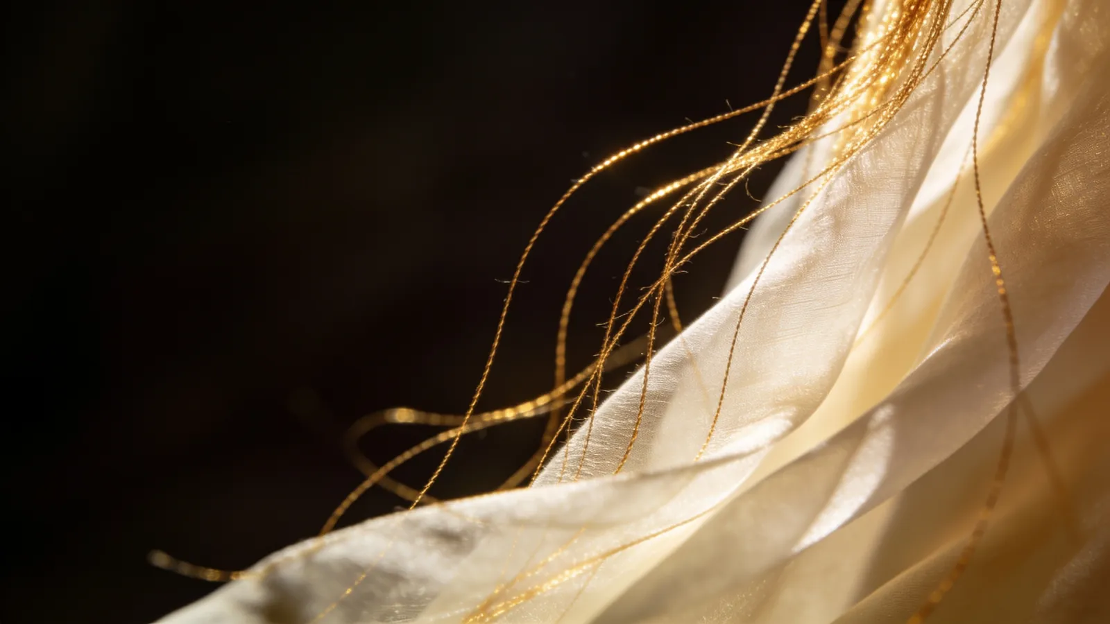 Fine golden threads curving through ivory fabric, an abstract illustration of a thread lift