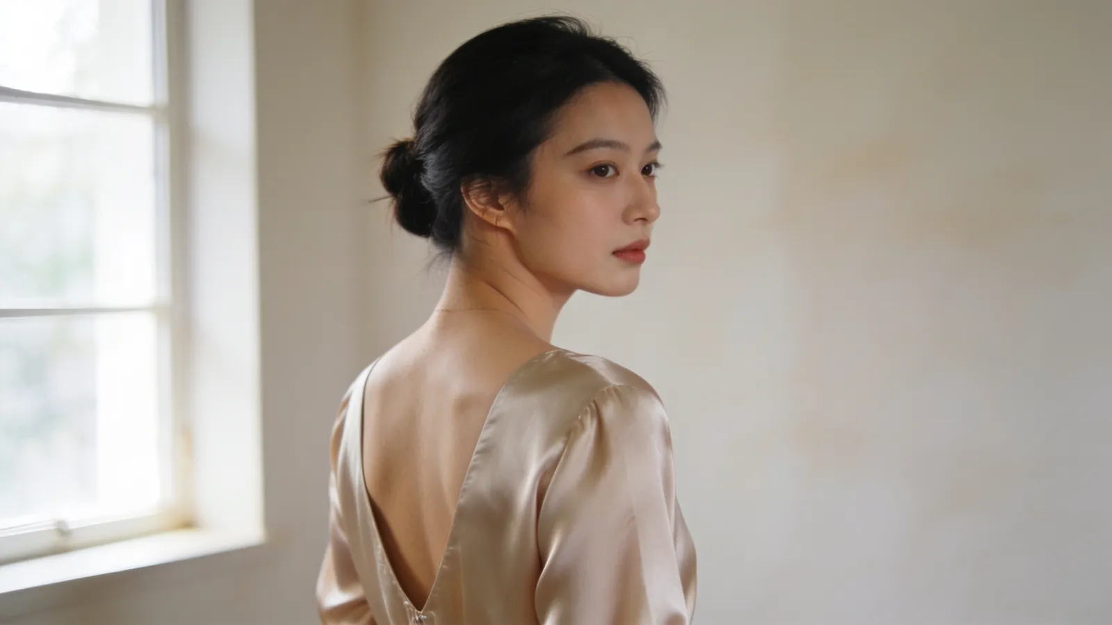 Woman seen from behind with hair tied up, showing the neck and shoulder line
