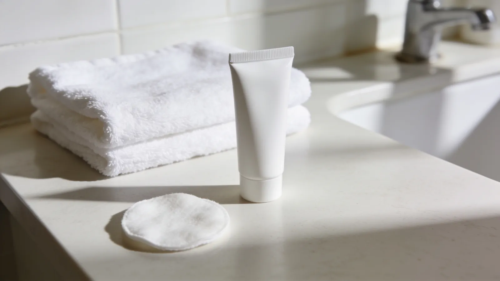 Plain cream tube, towel and cotton pad
