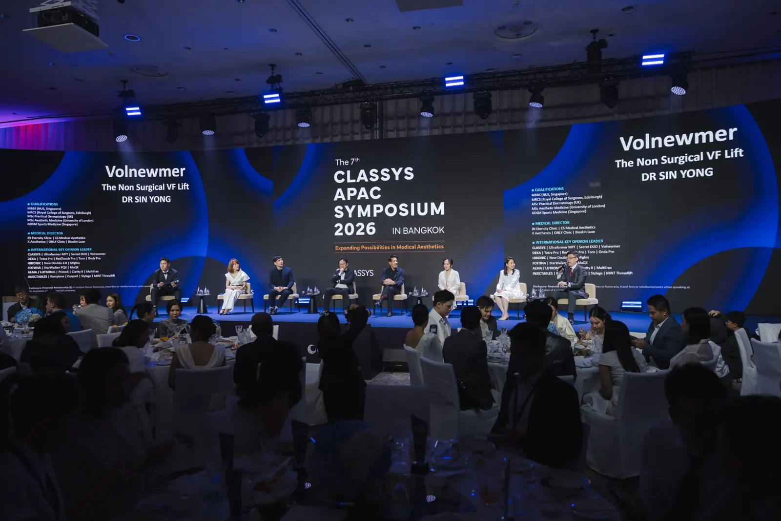 Panel at the 7th CLASSYS APAC Symposium, with “Volnewmer: The Non-Surgical VF Lift, Dr Sin Yong” on the screens
